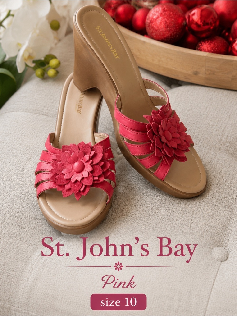 St. John’s Bay Pink Leather Flower Sandals Heeled Mules size 10